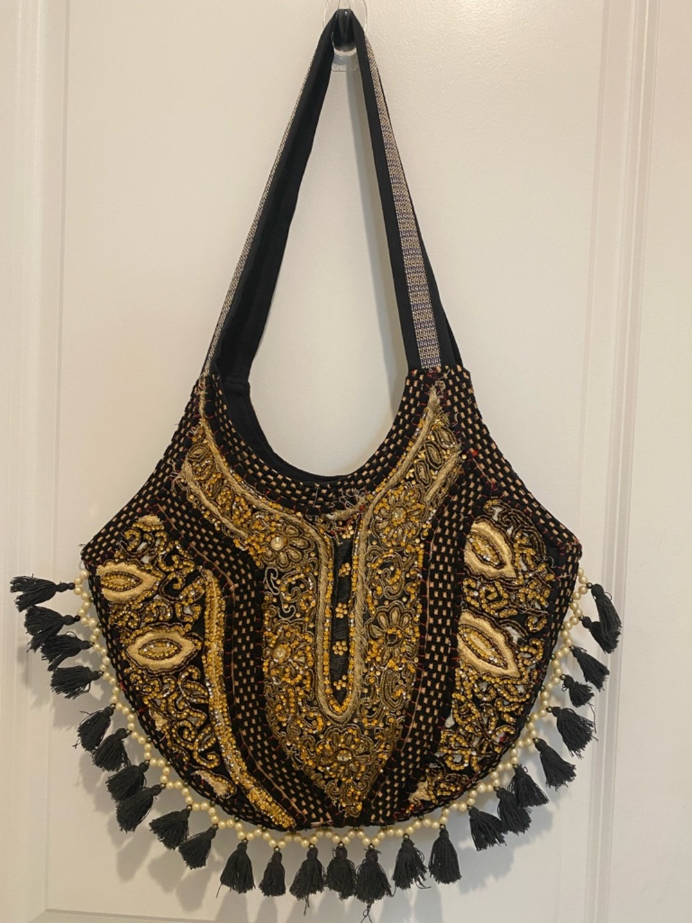 Embroidered Black & Gold Boho Tassel Shoulder Bag